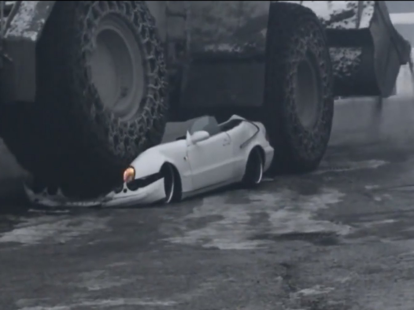 Video: Mercedes Coupe Crushed By BIG Front Loader - Real or Hoax?